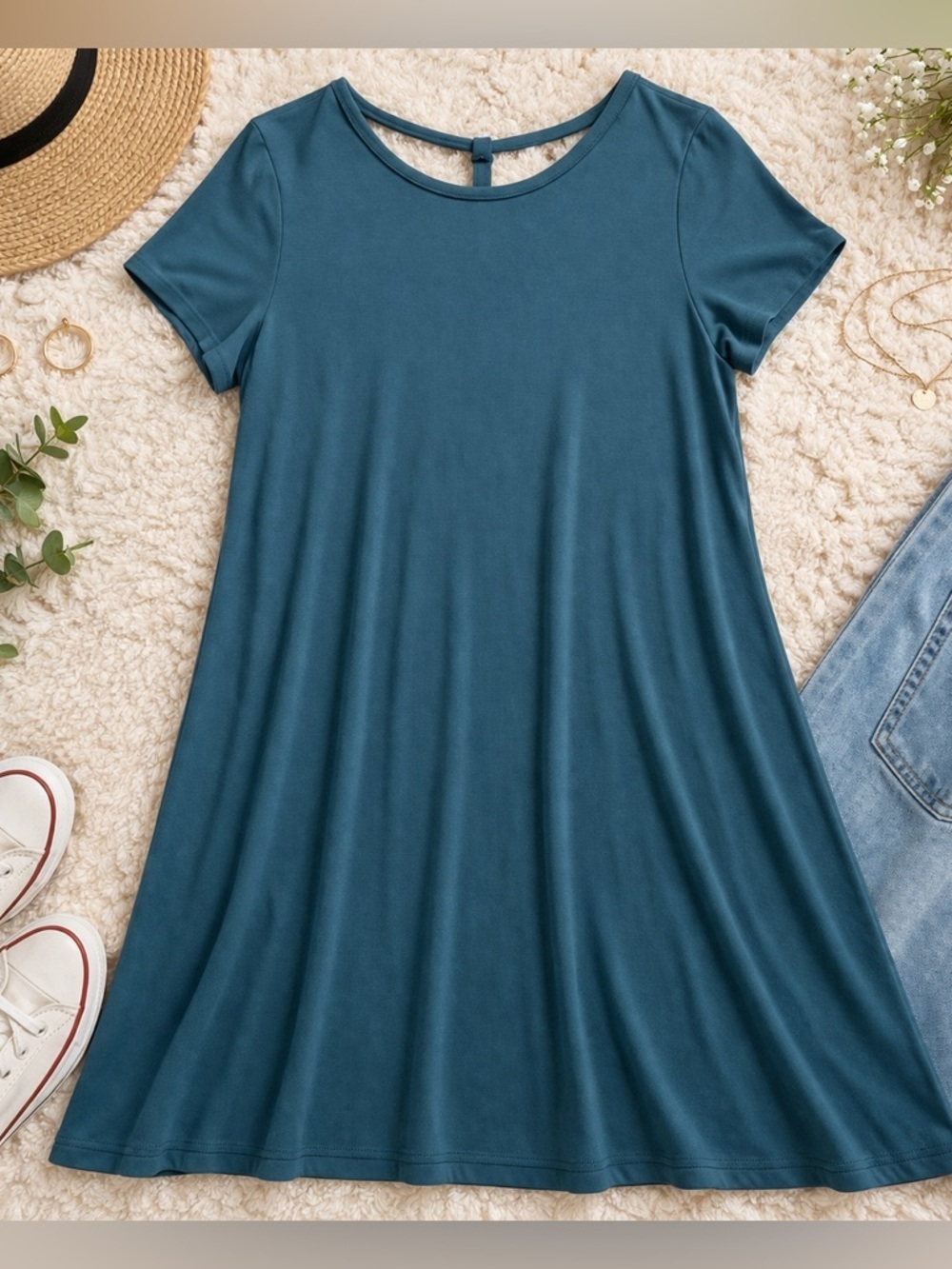 Alya Teal A-Line Dress Small Short Sleeve Stretch Casual Skater Dress